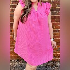 Umgee Pink Gingham Shift Dress with Ruffle Neckline and Sleeves Size XL